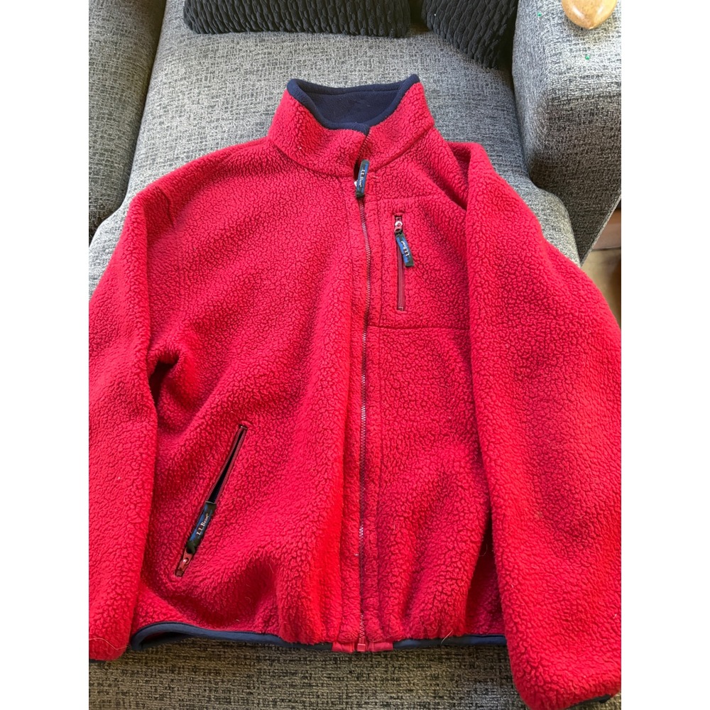 LL Bean Mens Sherpa Fleece Jacket Full Zip Red Deep Pile Maine XXL